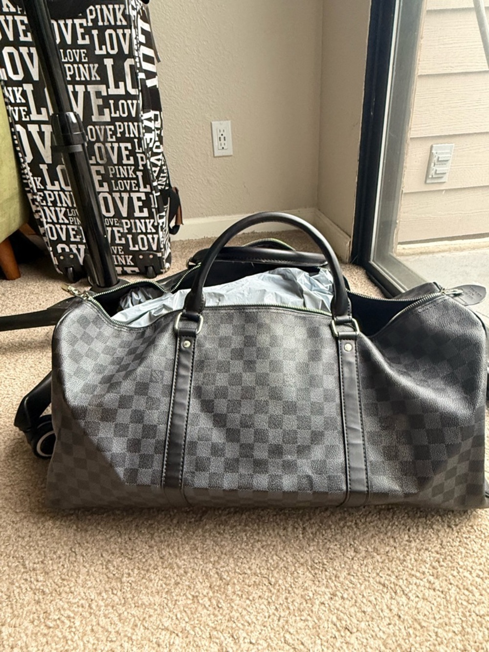 Authentic Louis Vuitton Gray Checkered Men’s Travel Duffel Bag